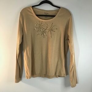 White Stag Women's Gold Metallic Long Sleeve Shirt Rhinestone Metal decal Large